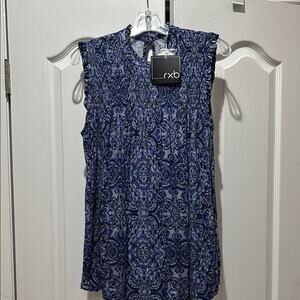 RXB M Blue Sleeveless Blouse Geometric Print smoking at chest rayon spandex nwt